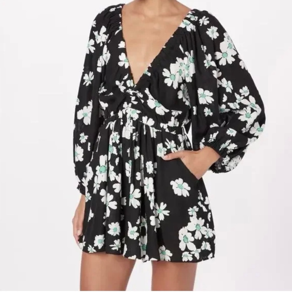 Lucky Brand Black and White Floral Romper with V-Neck